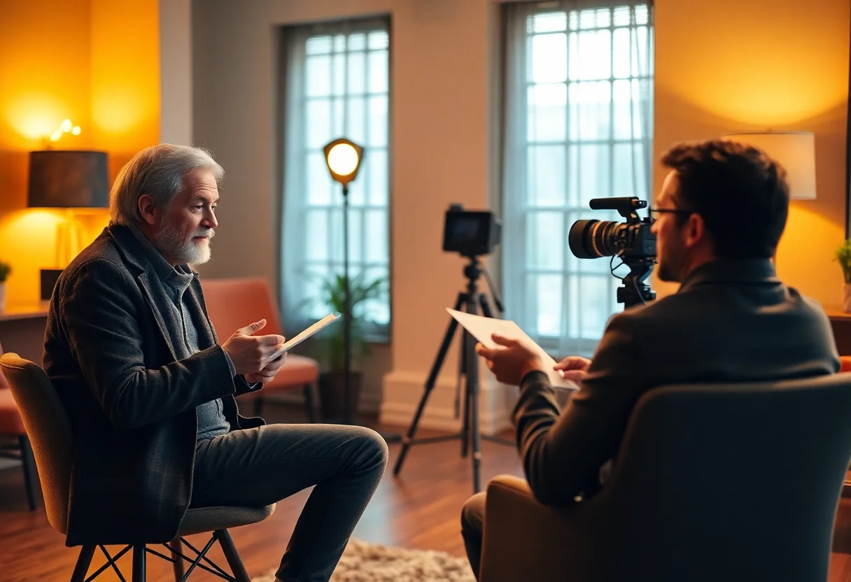 A director giving instructions to an interviewee sitting in a warmly lit room.