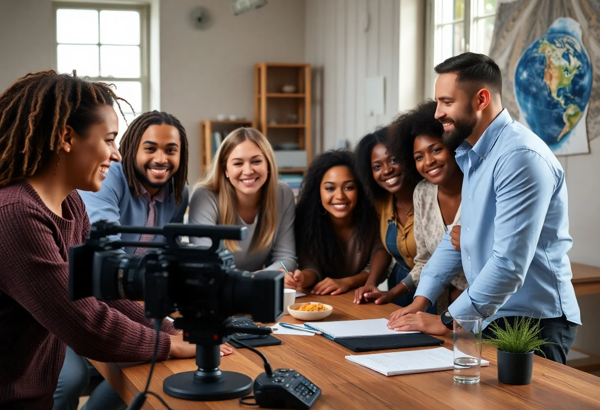 A diverse and smiling documentary film crew collaborating around a table.