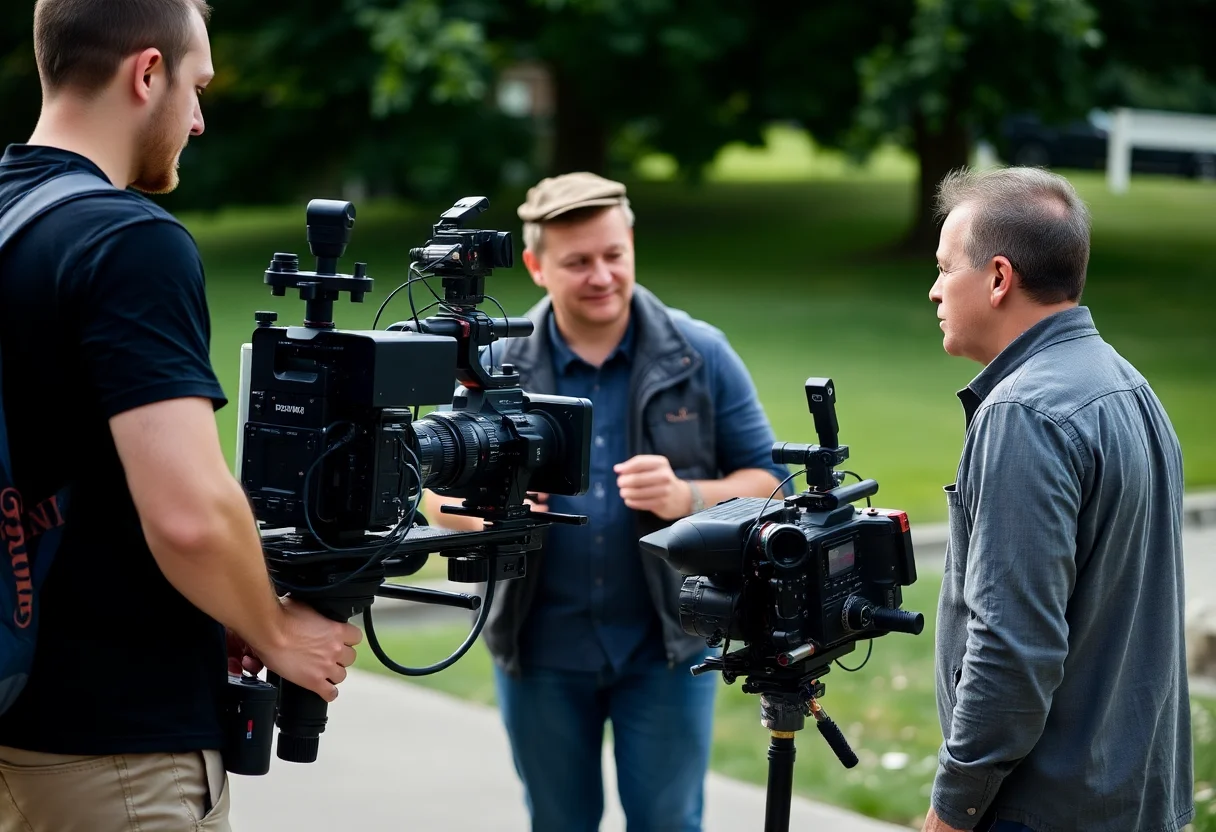 A documentary film crew setting up camera equipment for an outdoor interview.