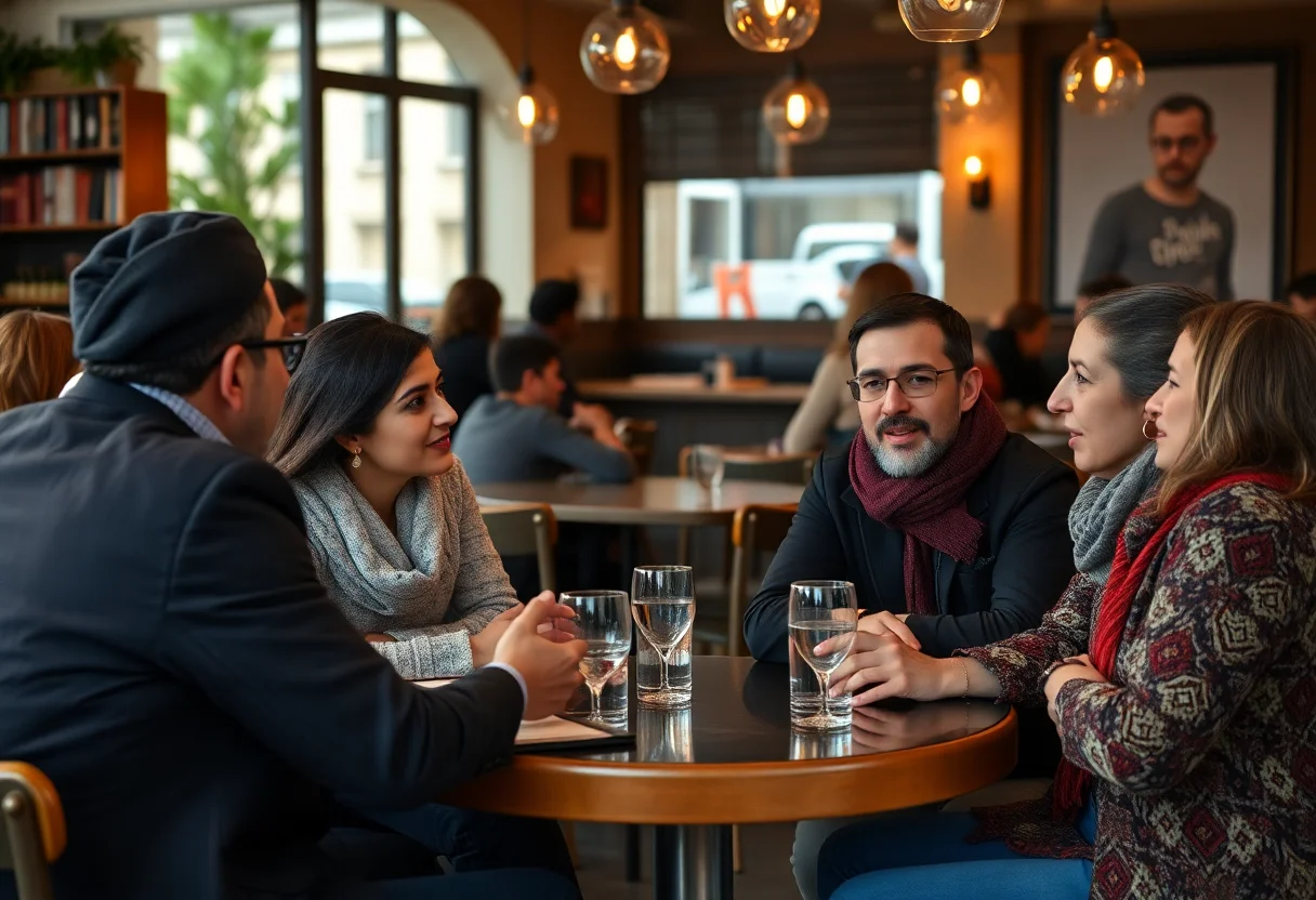 A group of second-generation Turkish immigrants in France discussing their cultural identity in a cafe.