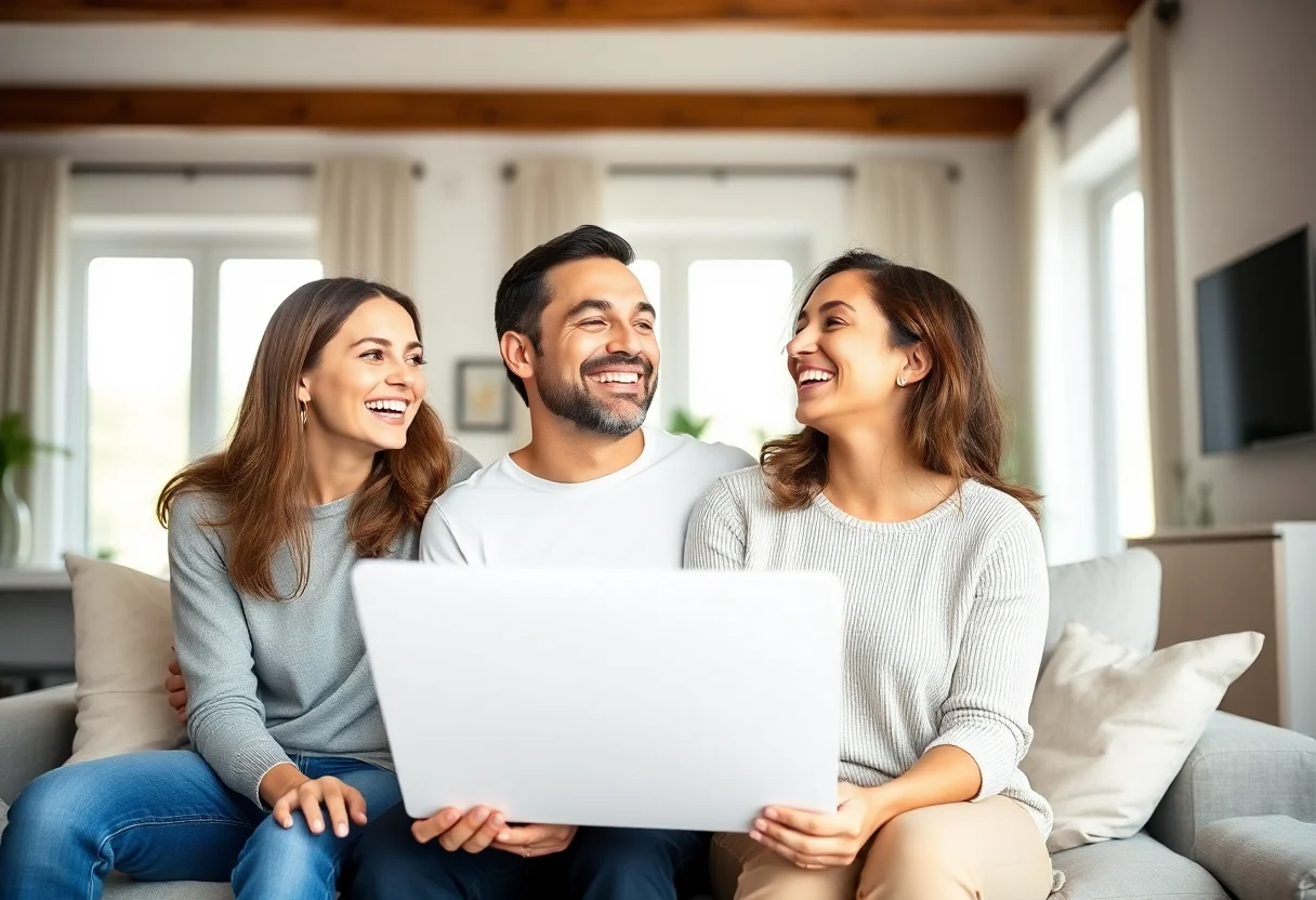 A modern Turkish-Dutch family laughing together in a bright, contemporary living room.