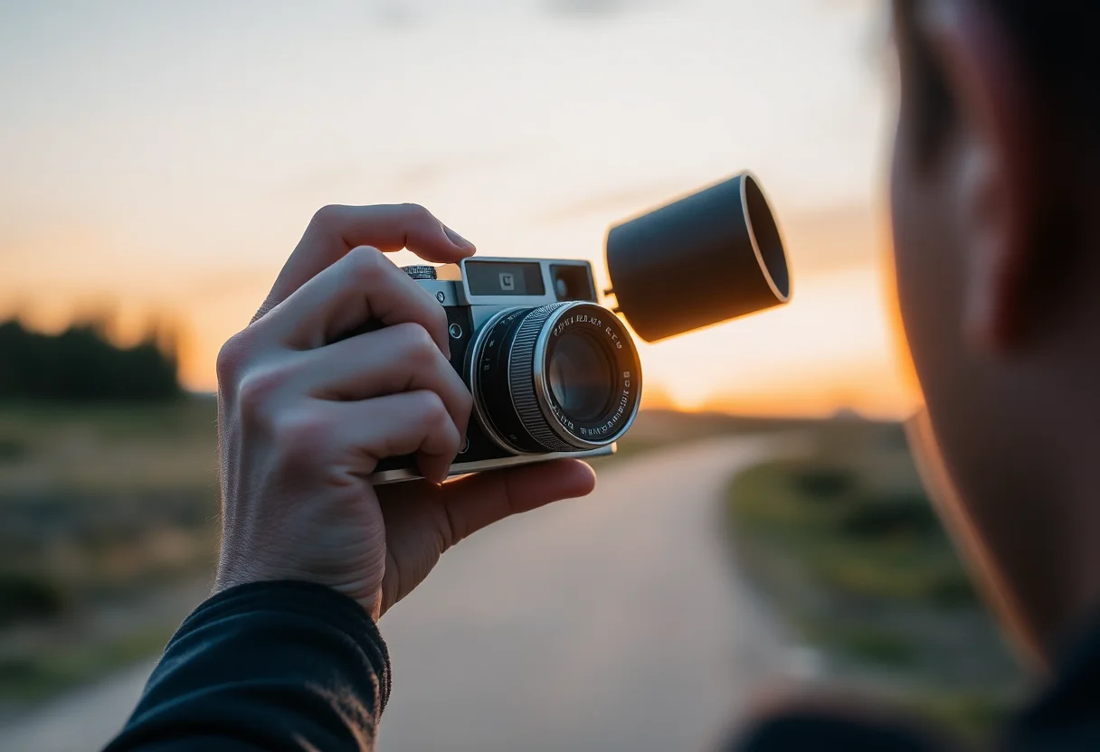 A person holding an old camera, focusing on a distant subject at dusk.