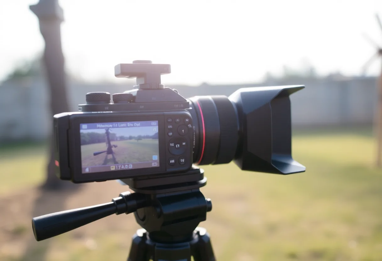 A professional camera on a tripod ready for a documentary shoot.