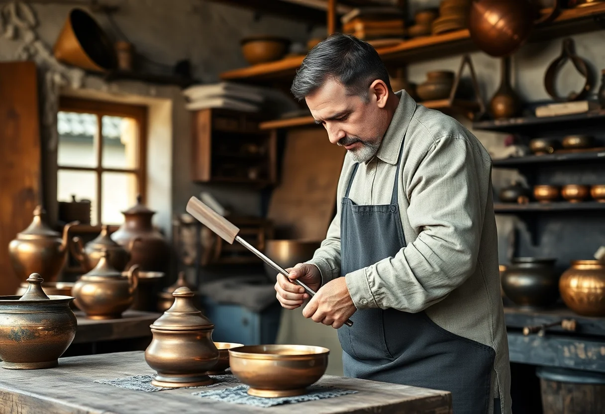 A Turkish artisan crafting traditional copperware in a workshop in Germany.