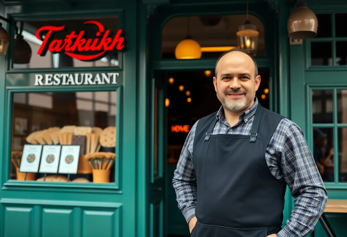 A Turkish restaurant owner proudly standing in front of his establishment in Amsterdam.