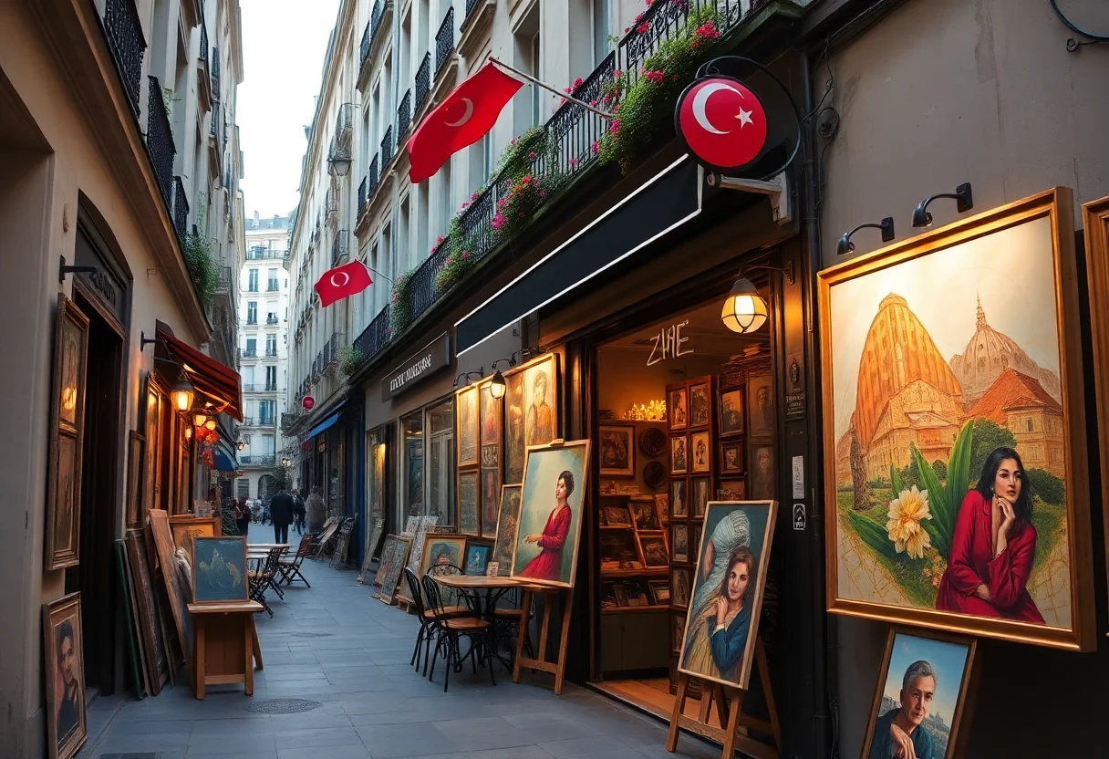 A vibrant artistic street in Paris with a cafe and paintings, representing Turkish cultural influence in France.