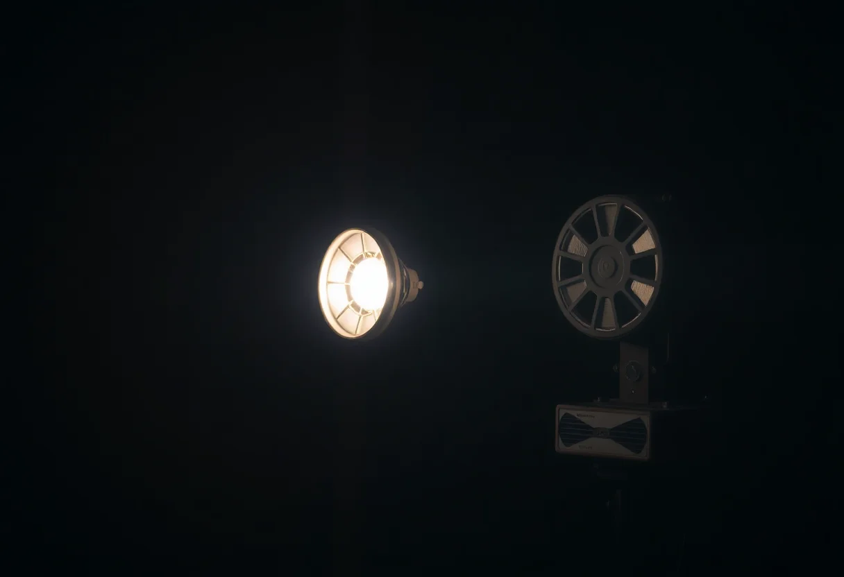 A vintage film projector displaying a bright light in a dark room.