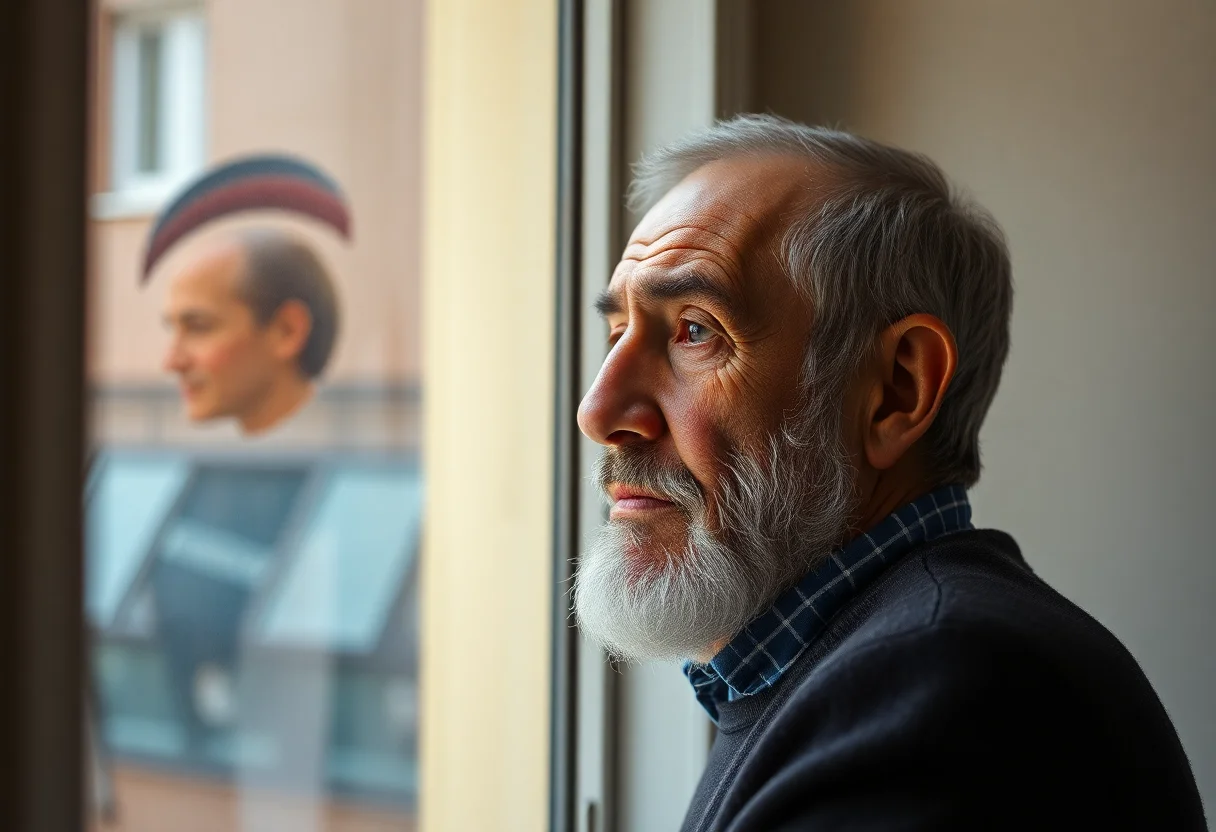 An elderly Turkish man looking thoughtfully out of a window, representing the first generation of migrants.