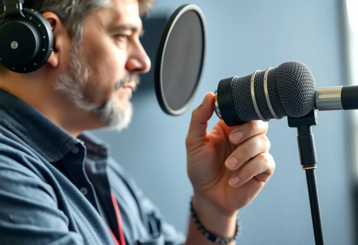 Close-up of a sound engineer adjusting a professional microphone during a shoot.