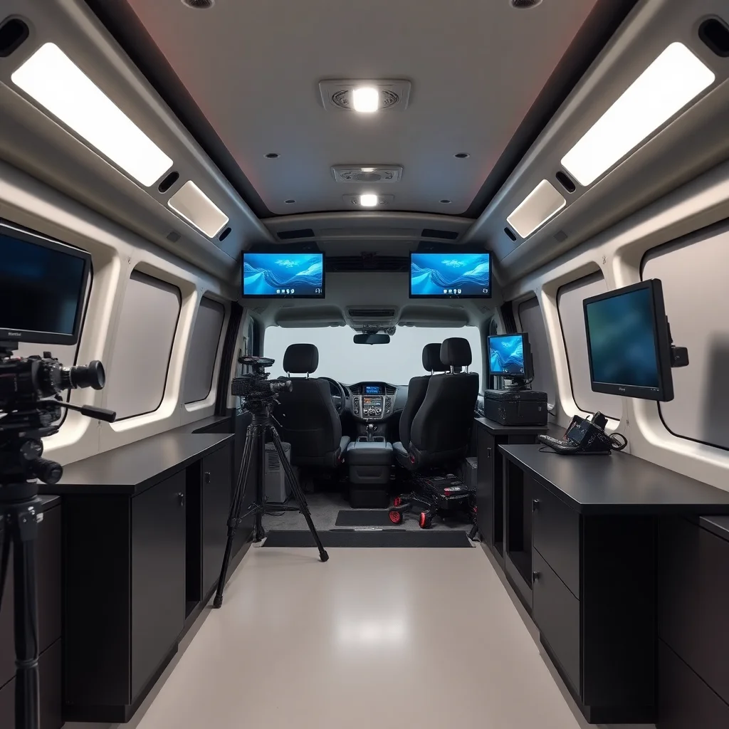 Interior of a modern, well-equipped production van with cameras and monitors.