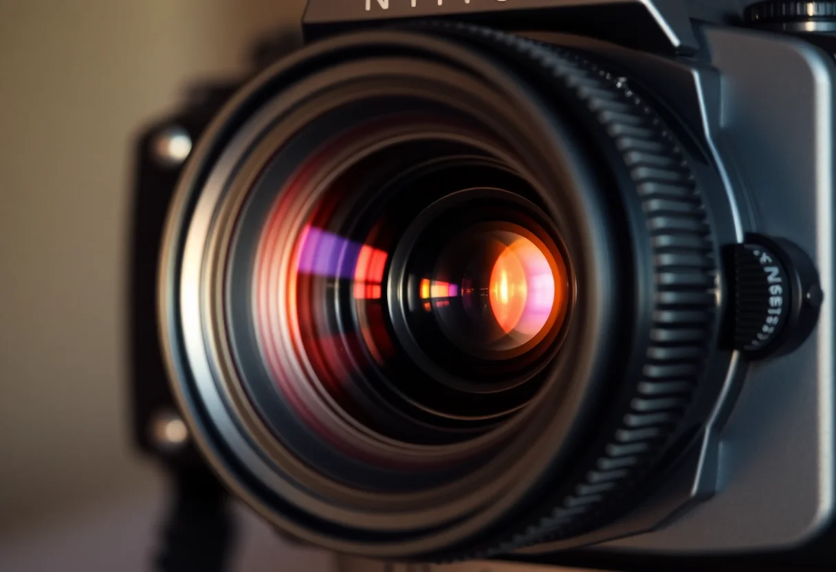 Vintage film camera lens focusing on a subject, representing storytelling.